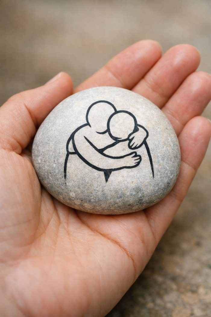 A hand holds a smooth stone with a simple black line drawing of two figures embracing in a hug. The background is blurred.