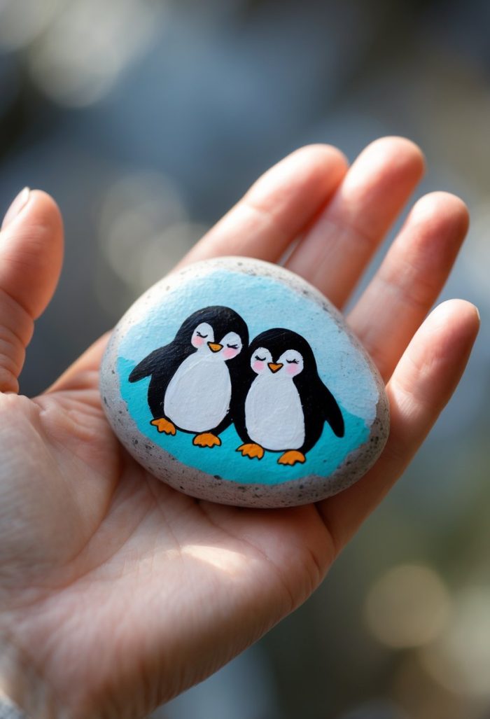 A hand holds a smooth stone painted with two cute penguins standing side by side on a blue background.