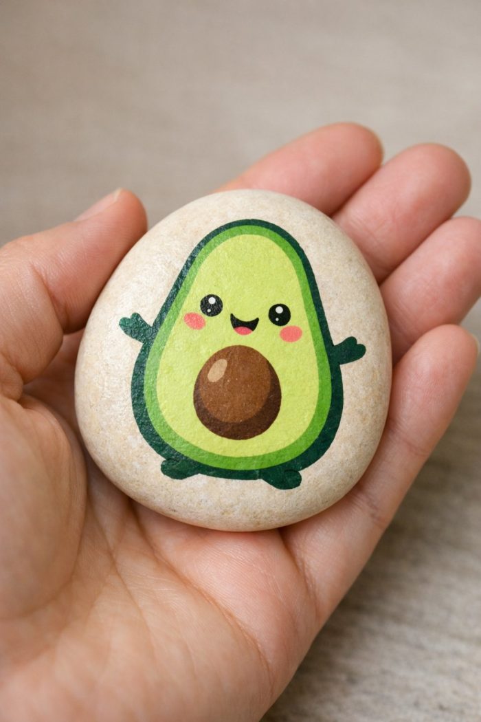 A hand holds a smooth stone painted with a cute, smiling cartoon avocado, featuring rosy cheeks and small arms and legs.