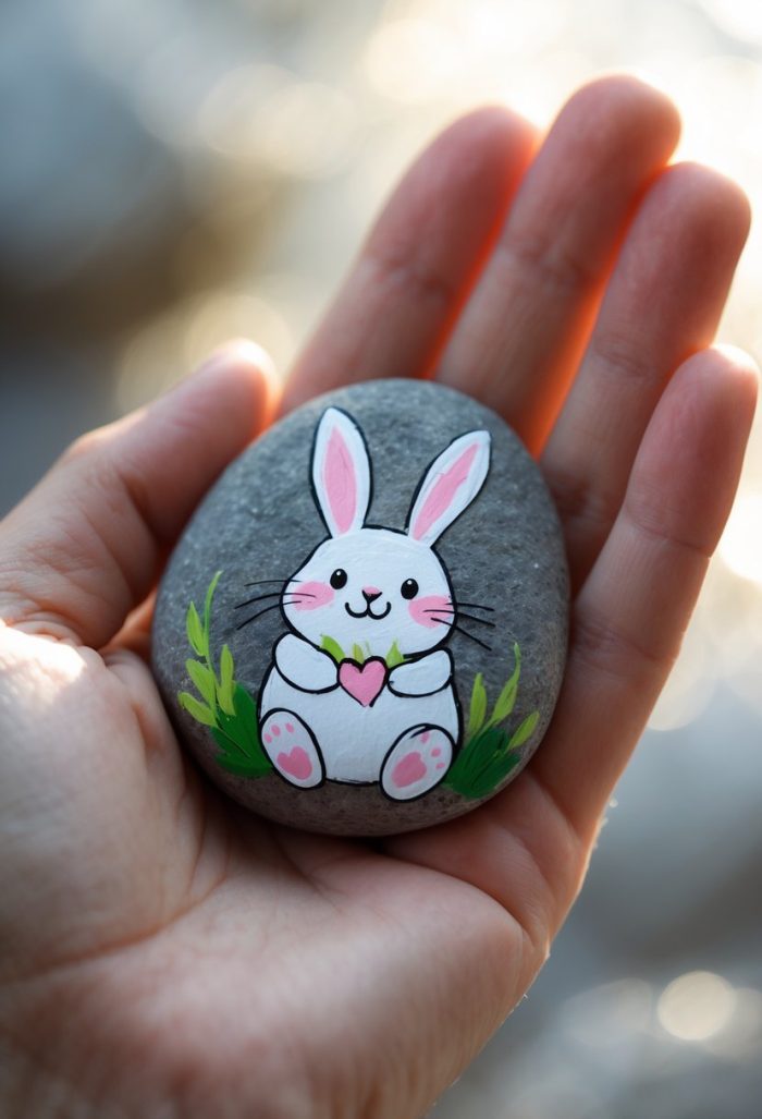 A hand holds a smooth gray stone painted with a cute white bunny holding a pink heart, surrounded by small green plants. The background is softly blurred.
