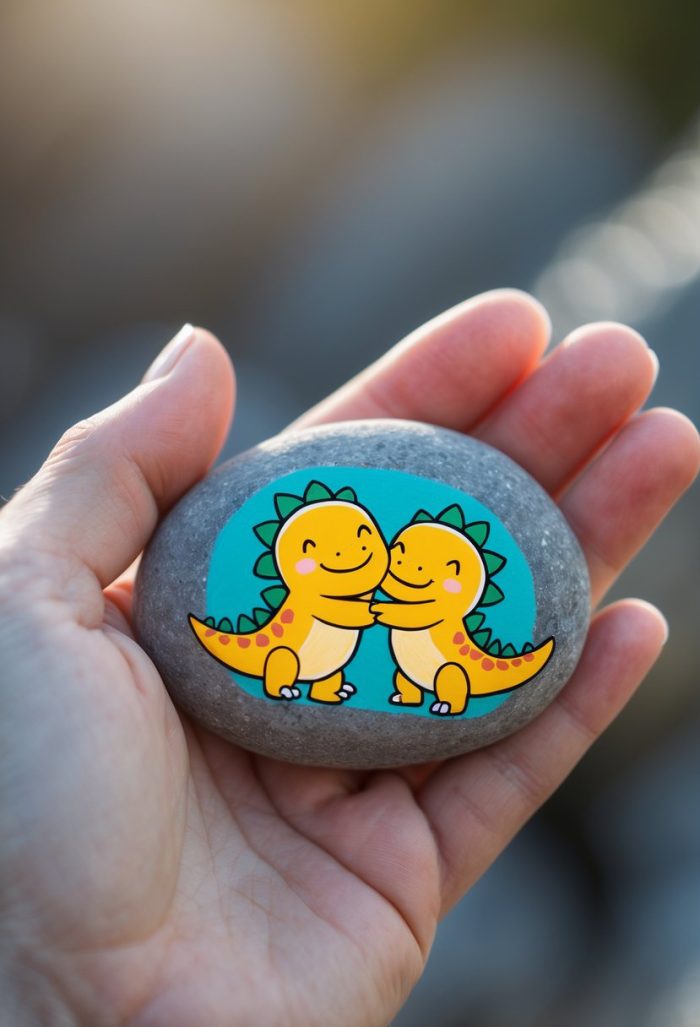 A hand holds a smooth gray stone painted with two smiling cartoon dinosaurs facing each other, touching hands and tails, on a turquoise background.