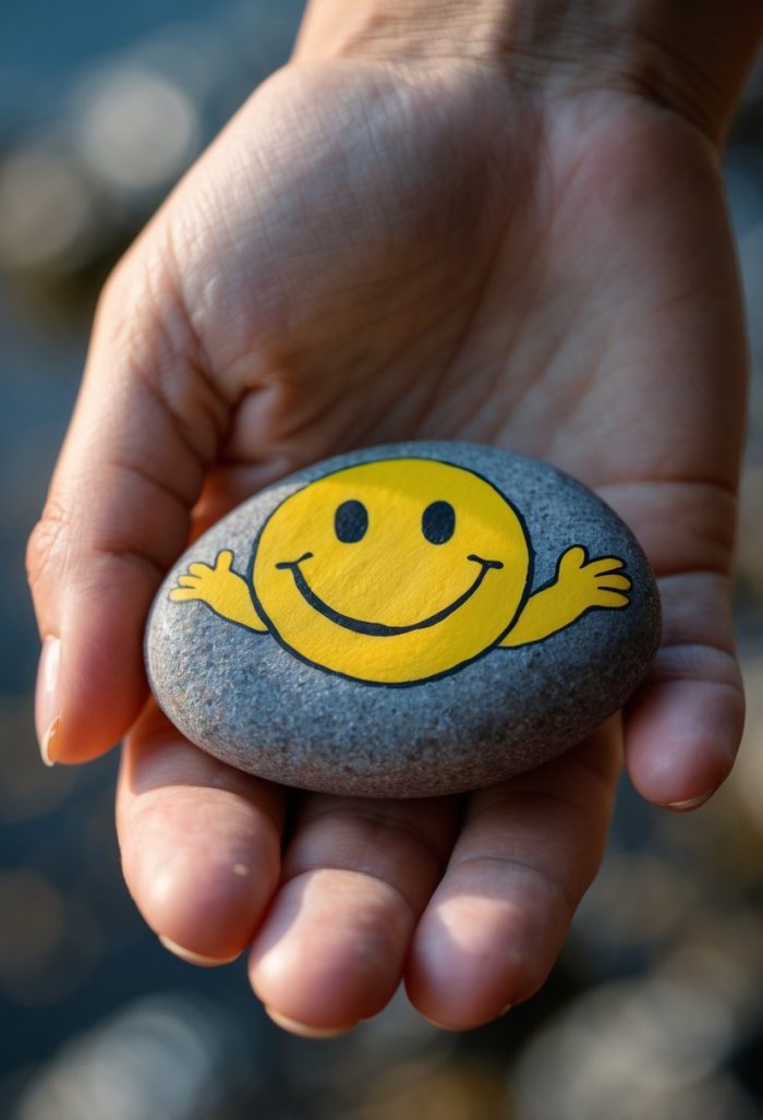 A hand holds a smooth stone painted with a yellow smiley face and outstretched cartoon arms, against a softly blurred background.