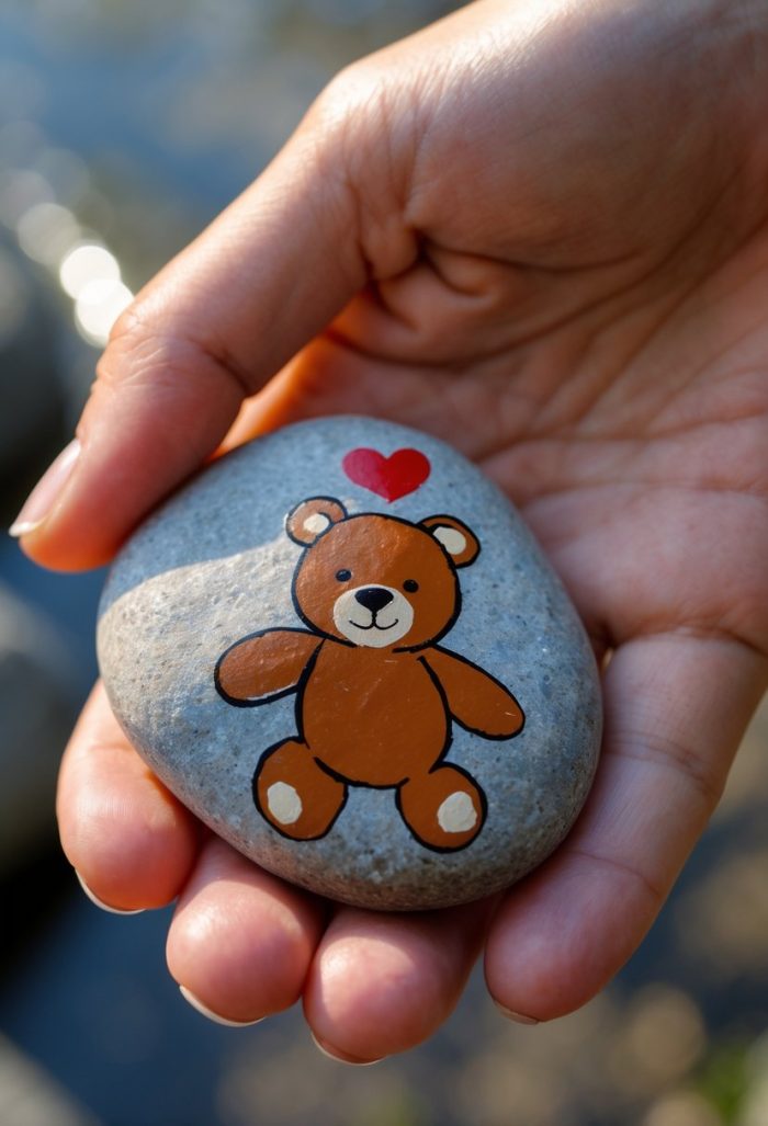 A hand holds a smooth stone painted with a cute brown teddy bear and a red heart above its head, with a blurred outdoor background.
