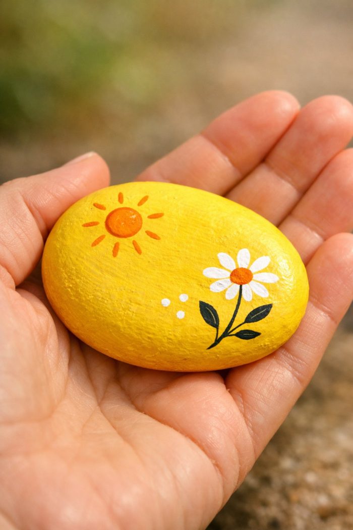 A hand holds a smooth yellow stone painted with a sun, a white daisy, green leaves, and small white dots.