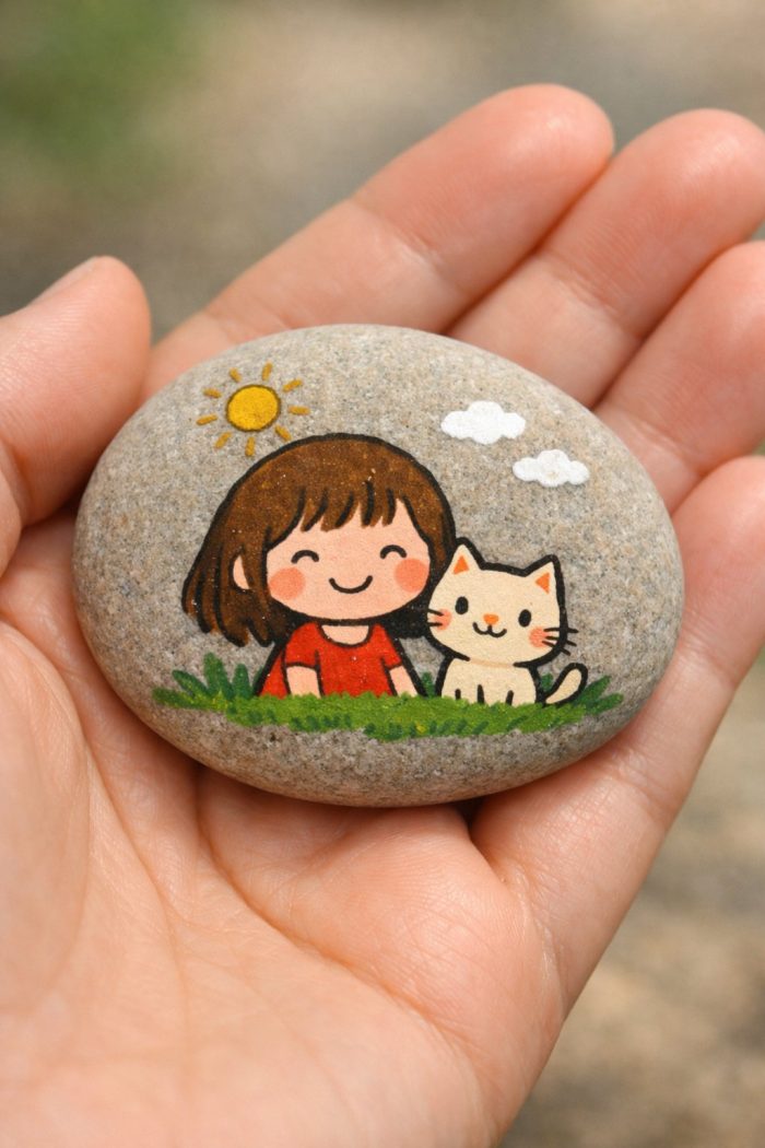 A hand holds a smooth stone painted with a cartoon girl and a cat sitting on grass under a sunny sky with clouds. The girl is smiling and wears a red shirt; the cat is cream-colored with pink cheeks.