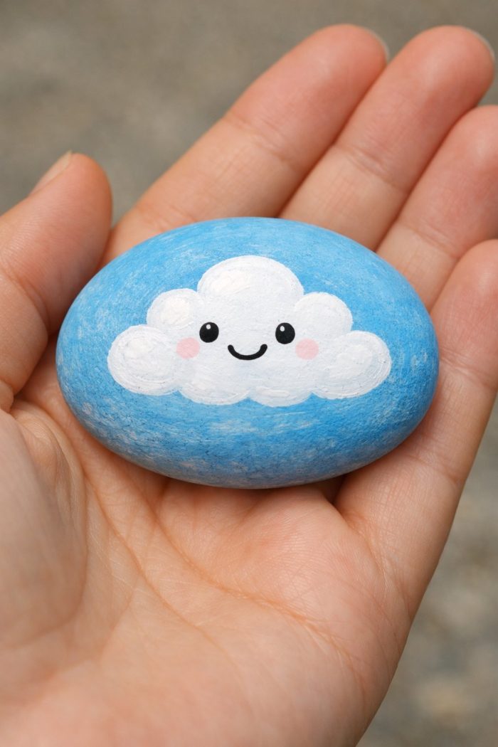 A hand holds a smooth, oval stone painted blue with a white, smiling cloud in the center. The cloud has rosy cheeks, black eyes, and a happy expression.
