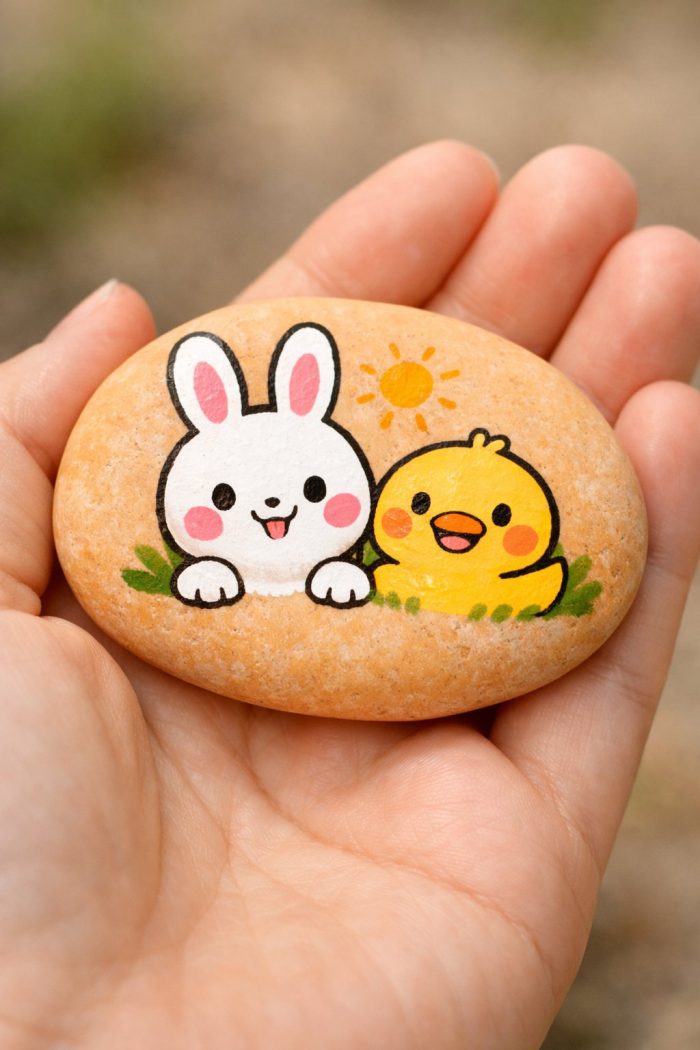 A hand holds a smooth stone painted with a cute white bunny and yellow chick, both smiling, sitting on grass under a bright yellow sun.