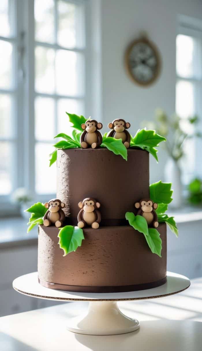 A two-tiered chocolate cake decorated with green fondant leaves and cute fondant monkey figures, displayed on a white cake stand in a bright kitchen setting.