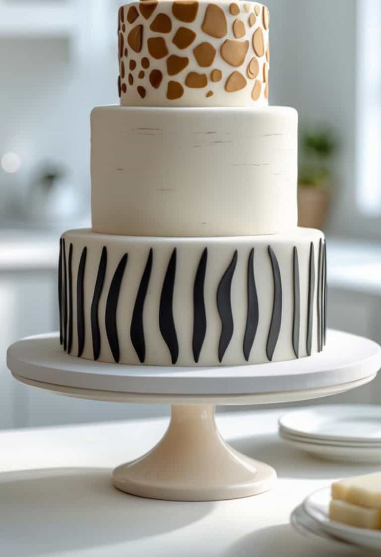 A three-tier cake on a white stand, with the bottom tier decorated in black and white zebra stripes, the middle tier plain white, and the top tier featuring a brown and white giraffe pattern.