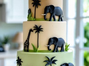A three-tiered cake decorated with fondant elephants, a giraffe, palm trees, and green plants, set in a bright kitchen with large windows in the background.