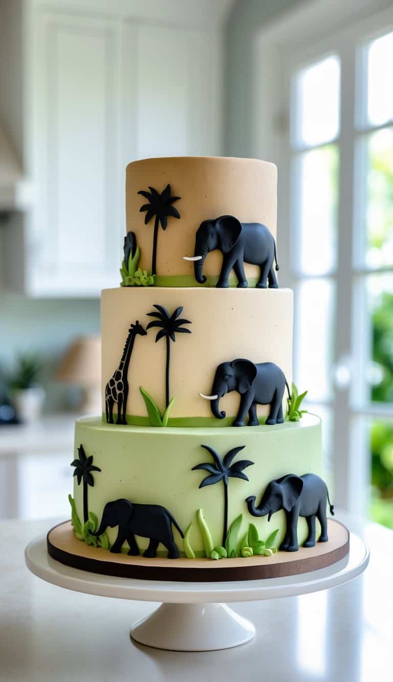 A three-tiered cake decorated with fondant elephants, a giraffe, palm trees, and green plants, set in a bright kitchen with large windows in the background.