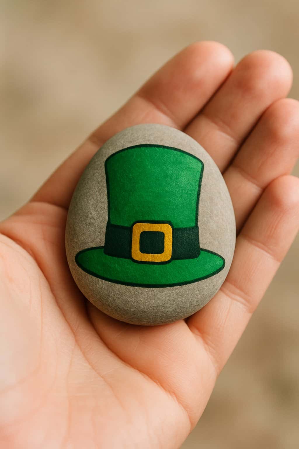 A hand holds a smooth gray stone painted with a green leprechaun hat featuring a black band and yellow buckle, against a blurred background.