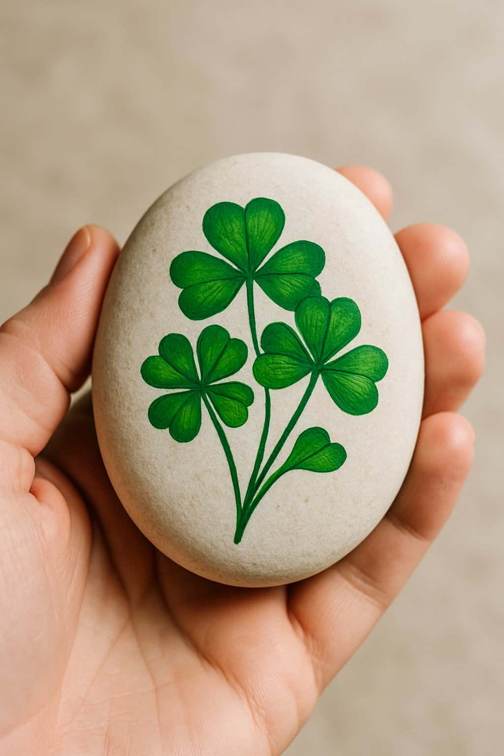 A hand holds a smooth, oval stone painted with three green shamrock clovers against a neutral blurred background.