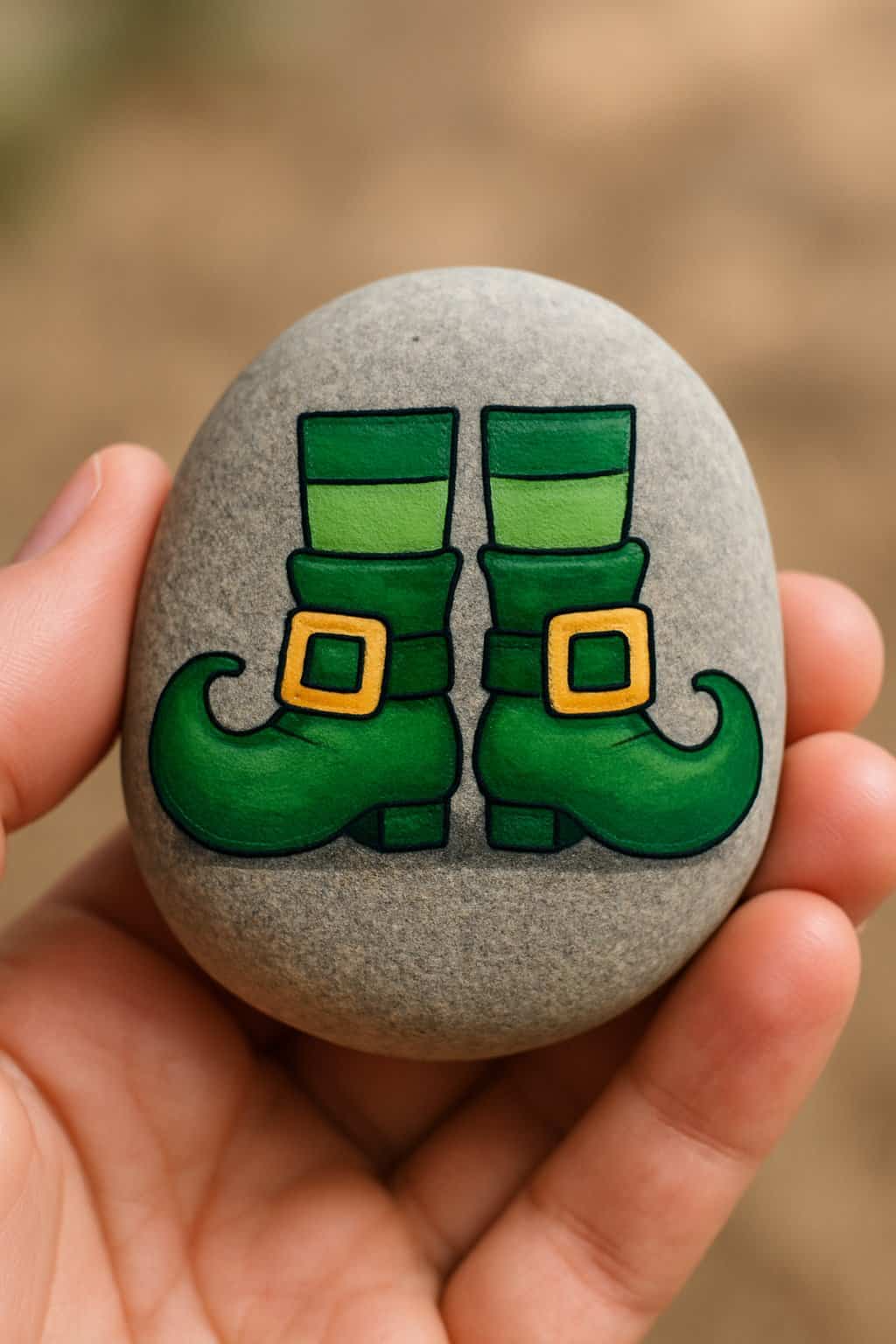A hand holds a smooth stone painted with a pair of green elf shoes with striped socks and yellow buckles.
