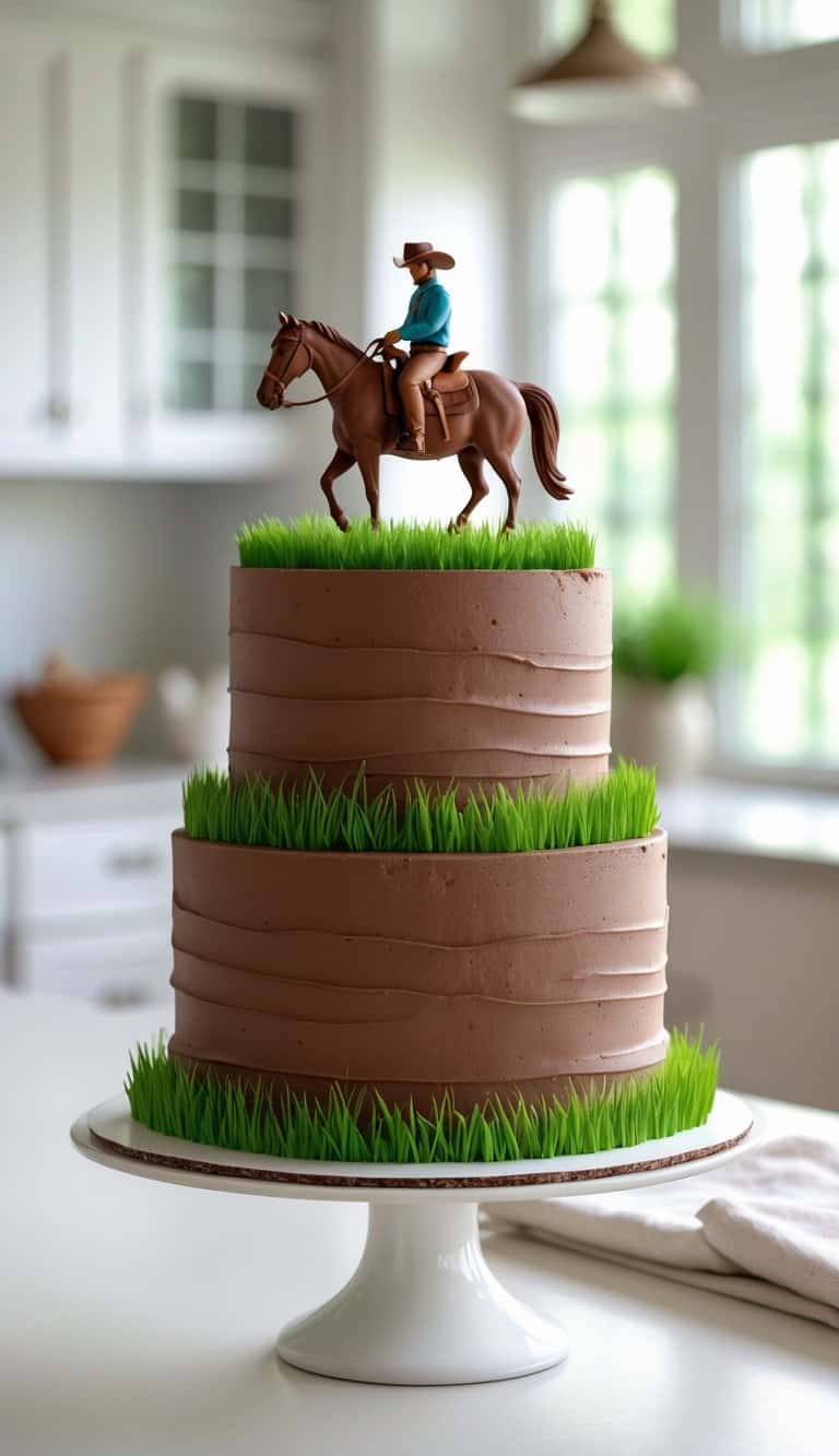 A two-tier chocolate cake decorated with green grass-like icing and topped with a figurine of a cowboy riding a horse, displayed on a white cake stand in a bright kitchen.