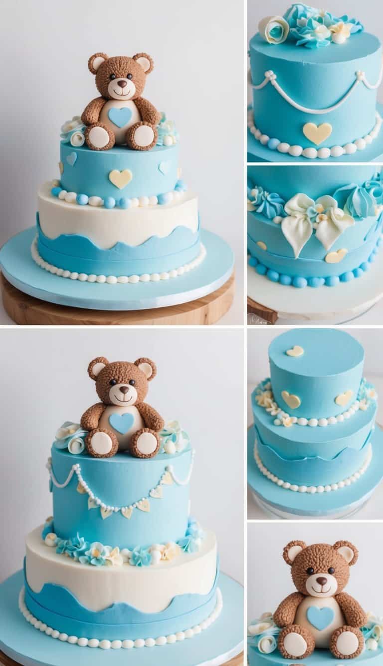 A teddy bear-shaped cake decorated with blue frosting and baby-themed accents