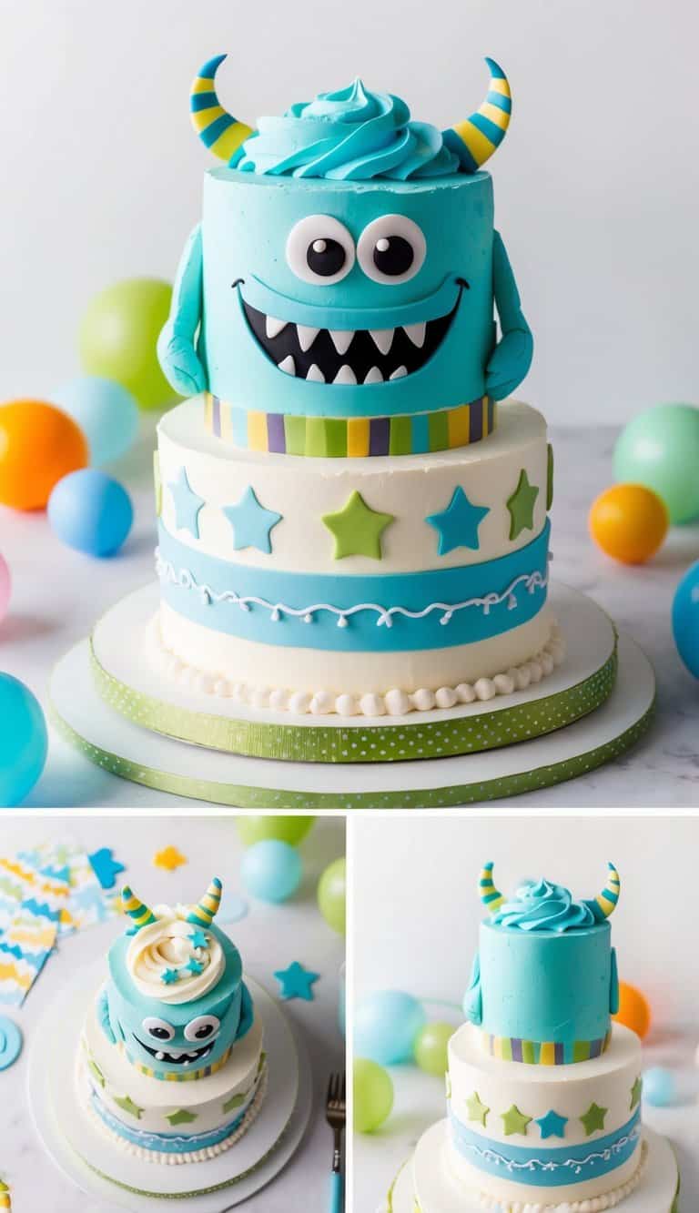 A friendly monster-themed cake surrounded by colorful party decorations and baby boy-themed accents