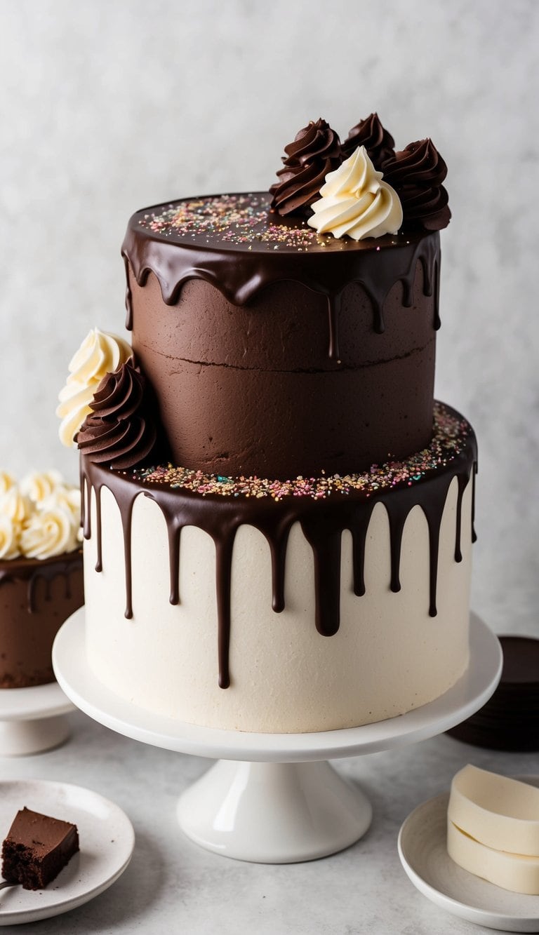 Rich chocolate cake with ganache swirls and sprinkles