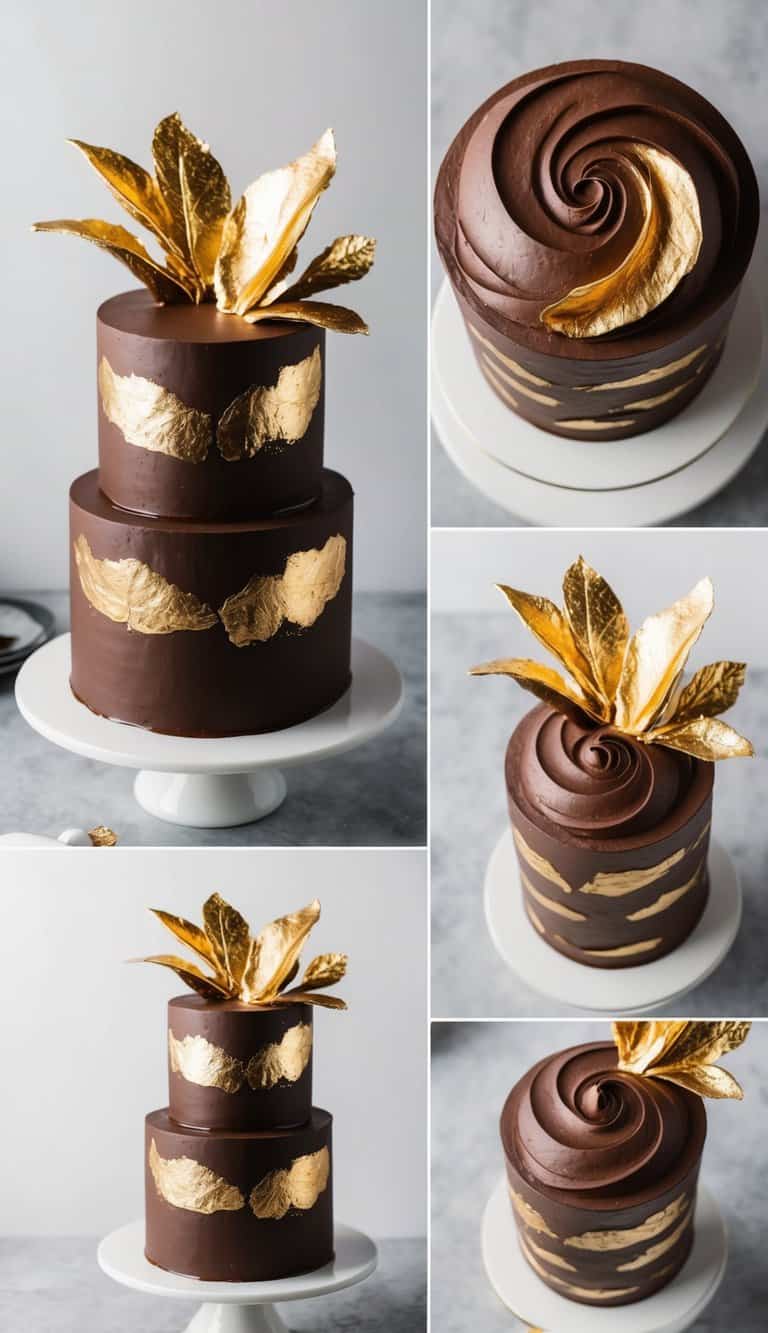 A decadent chocolate cake adorned with edible gold leaf accents and rich ganache swirls