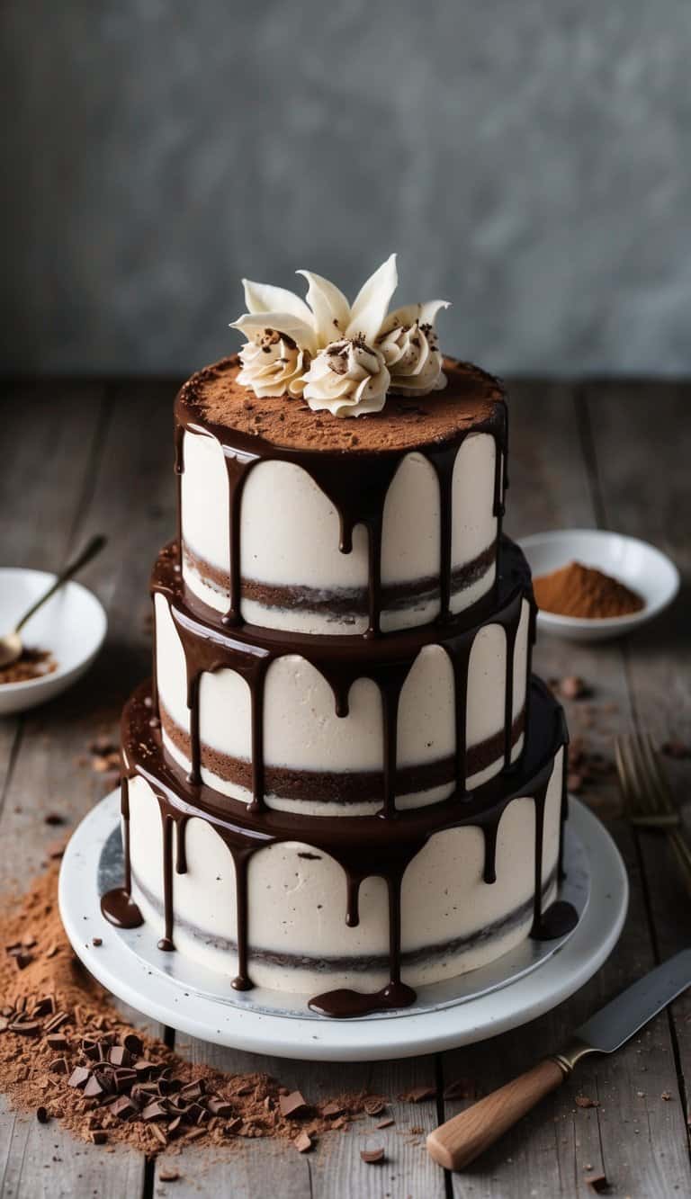 A rustic wooden table adorned with a decadent chocolate cake, drizzled with glossy ganache and surrounded by scattered cocoa powder and chocolate shavings