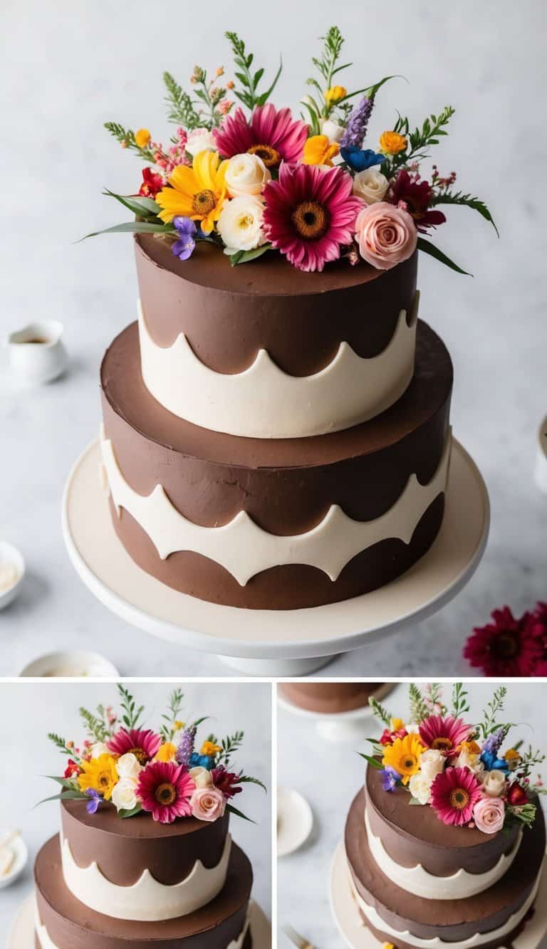 A decadent chocolate cake adorned with a colorful arrangement of edible flowers