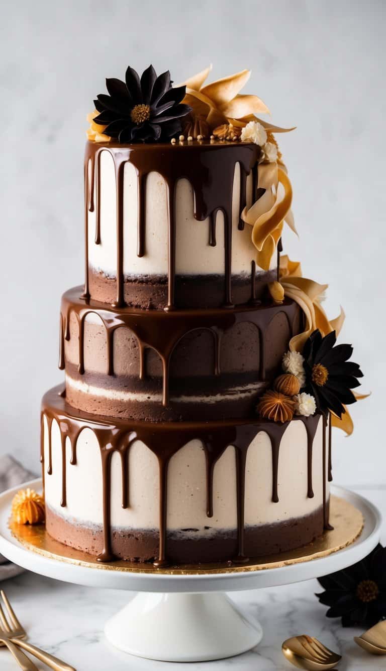 A decadent chocolate cake adorned with rich ganache and caramel drizzle