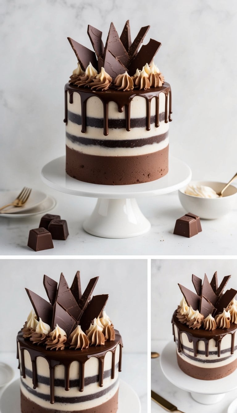 A decadent chocolate cake adorned with layered chocolate shards and rich ganache