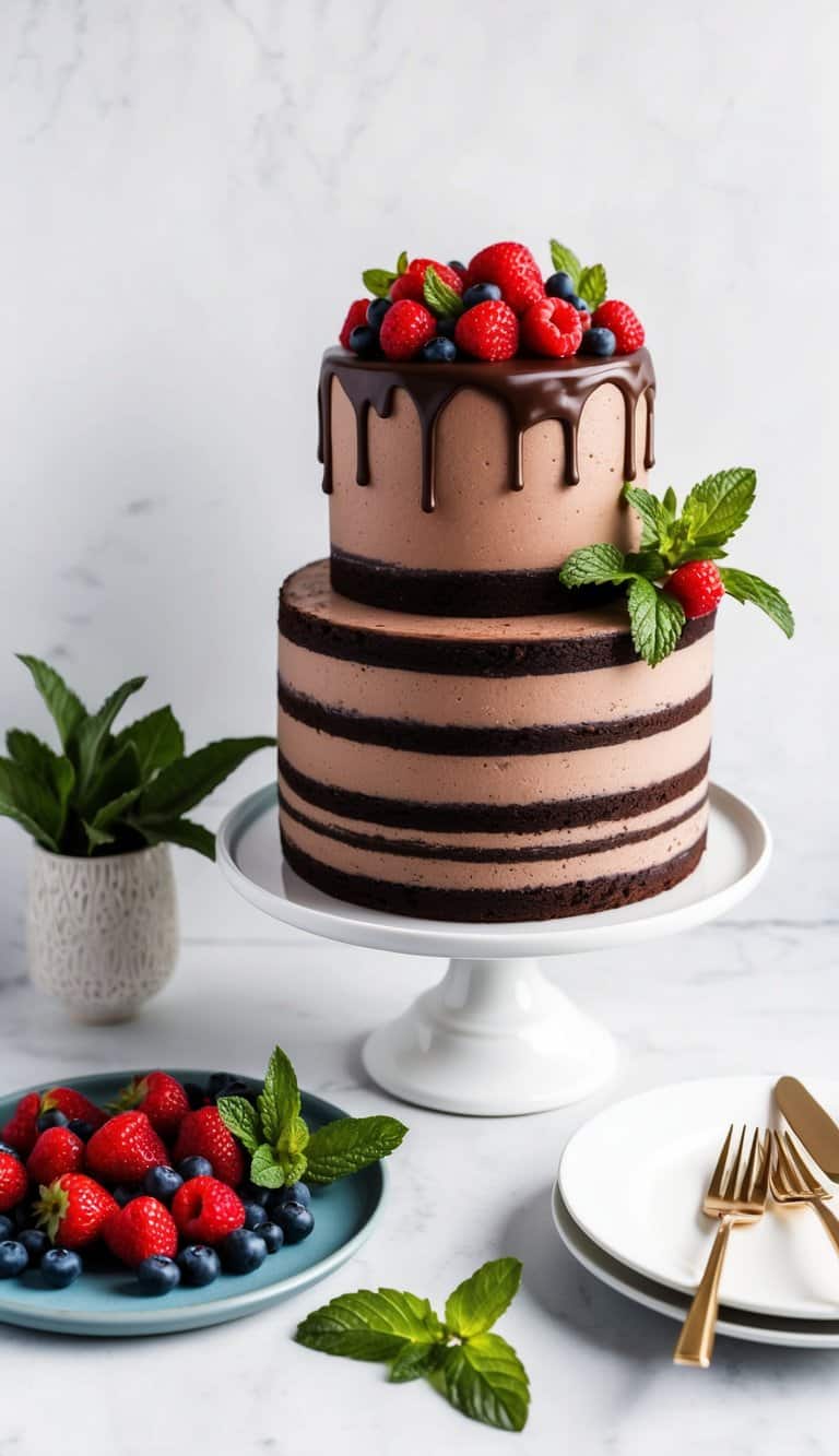 A platter of fresh berries and mint leaves next to a decadent chocolate cake with ganache