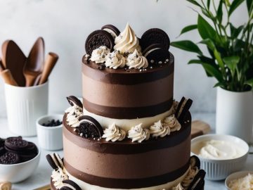 A three-tiered chocolate cake decorated with swirls of cream and chocolate cookies, set on a white cake stand with bowls of ingredients and baking tools on a marble surface.