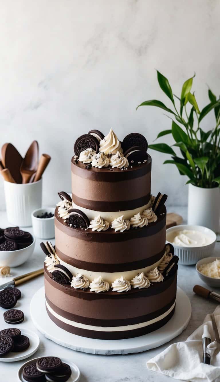 A decadent chocolate cake adorned with cookies and cream toppings, surrounded by various chocolate cake decorating tools and ingredients