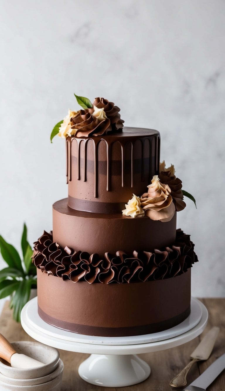A decadent chocolate cake with buttercream ruffles and ganache
