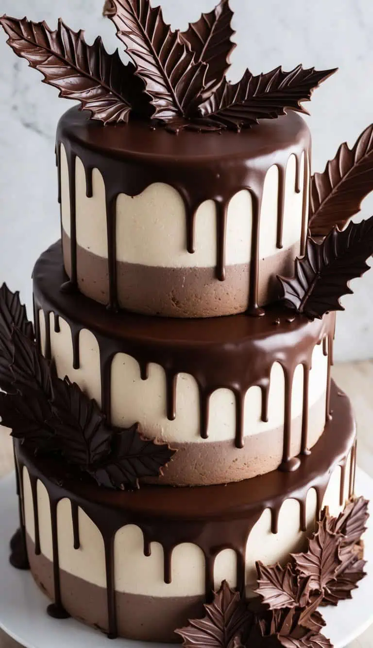 A decadent chocolate cake adorned with intricate chocolate leaf decorations. Rich ganache drips down the sides, creating a luxurious and indulgent dessert