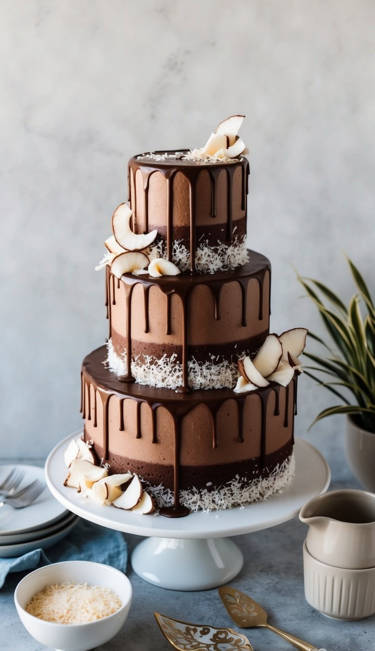 A decadent chocolate cake adorned with coconut chips and drizzled with ganache