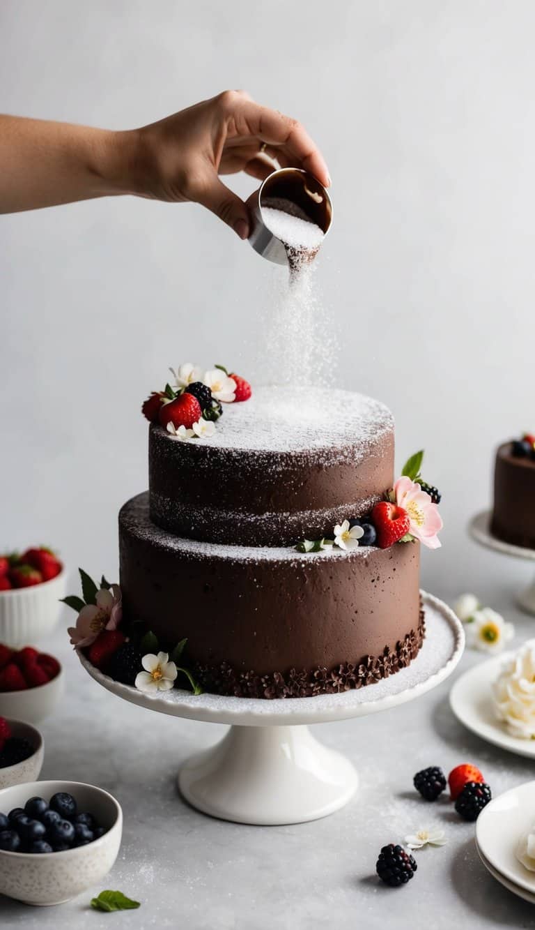 A rich chocolate cake being delicately dusted with simple sugar, surrounded by various decorative elements like ganache, berries, and edible flowers