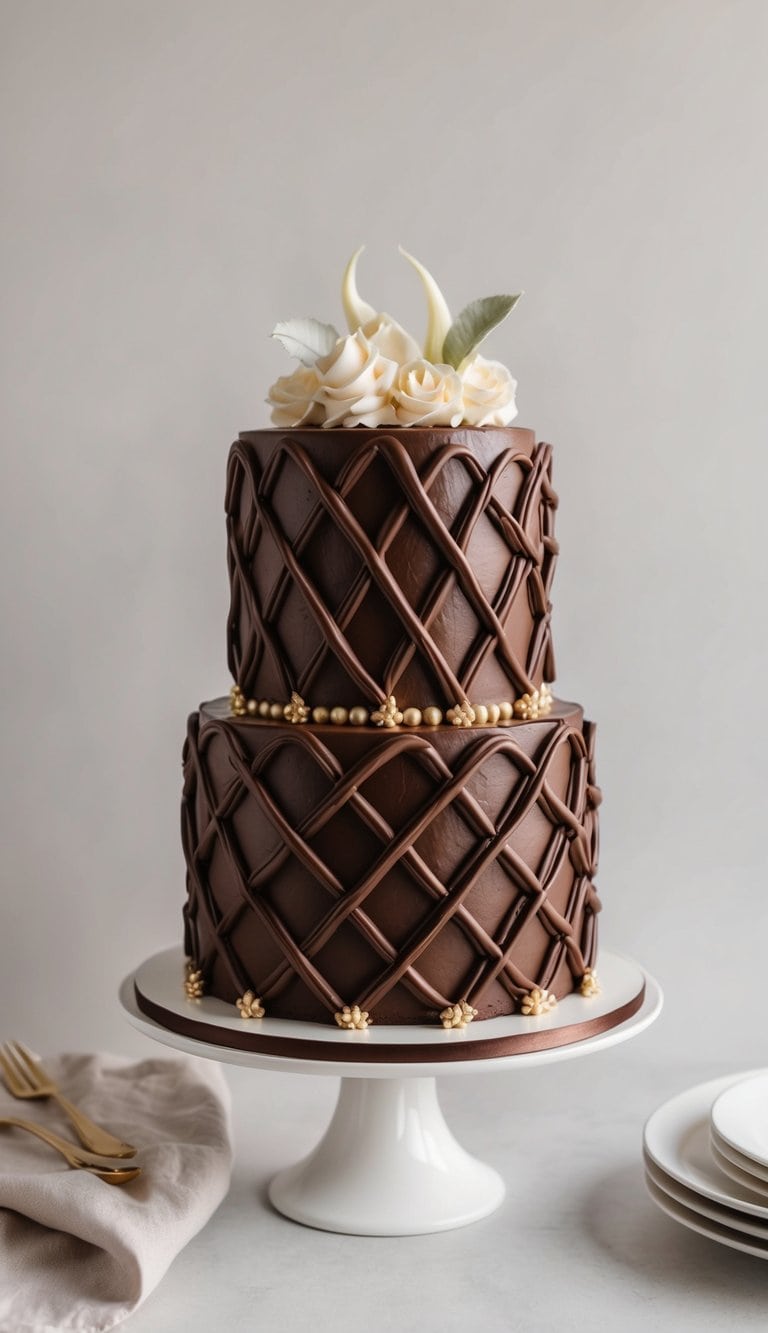 A decadent chocolate cake with a lattice pattern made of rich ganache