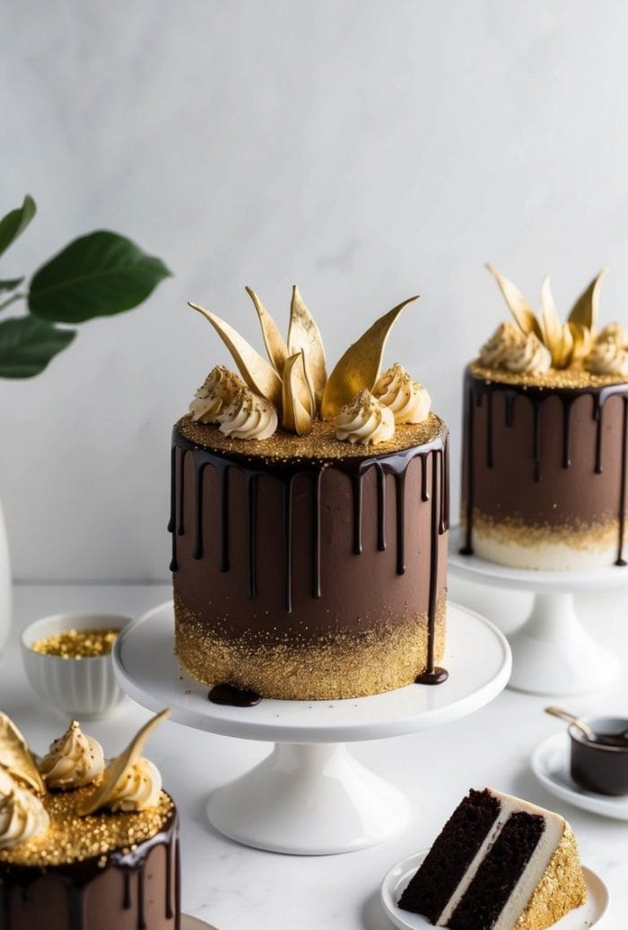 Elegant chocolate cakes with gold decorations, chocolate drip, and piped cream are displayed on white stands. A cake slice is served on a plate beside gold utensils, with a leafy plant in the background.
