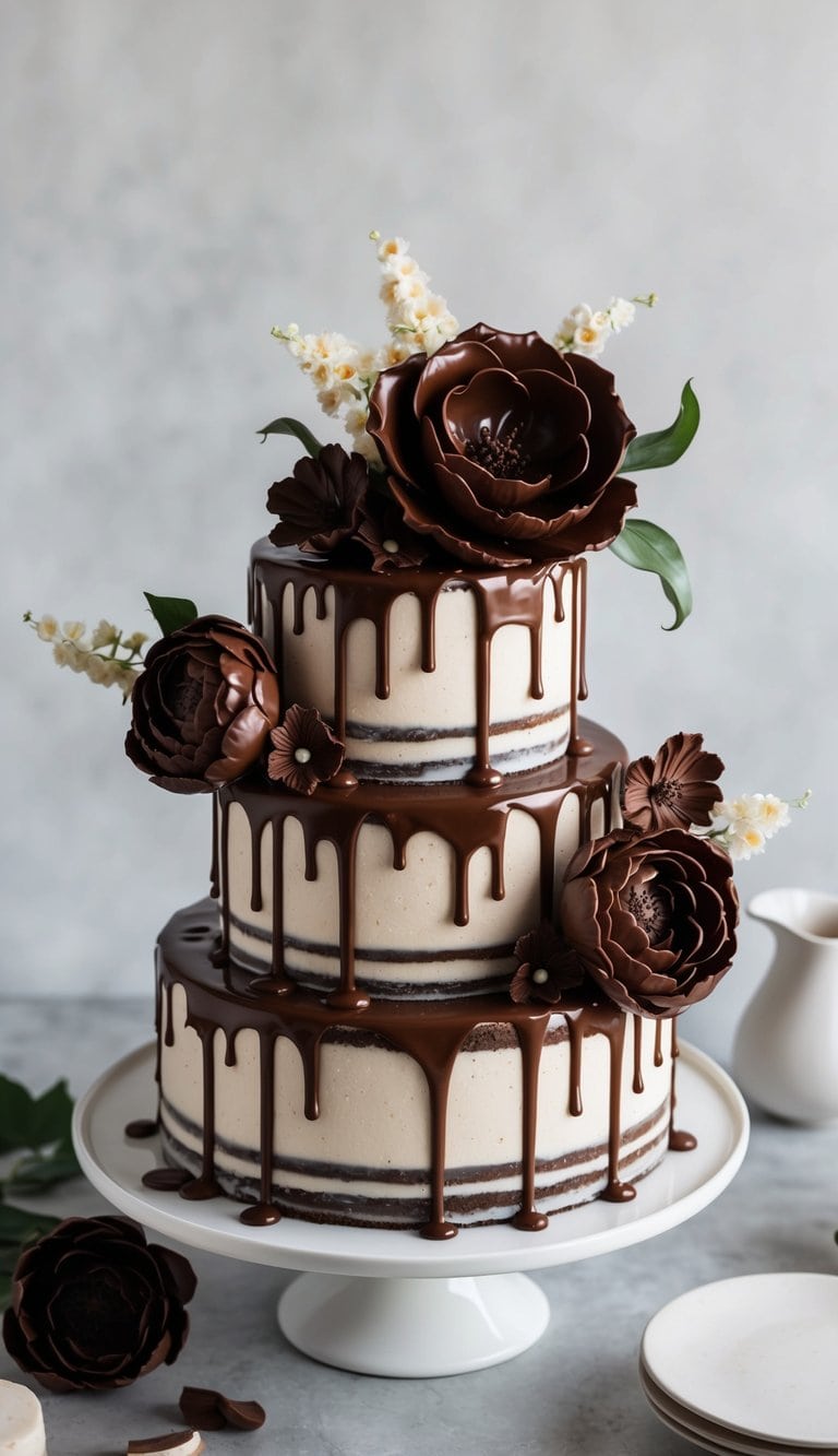 A decadent chocolate cake adorned with intricately carved chocolate flowers and drizzled with rich ganache
