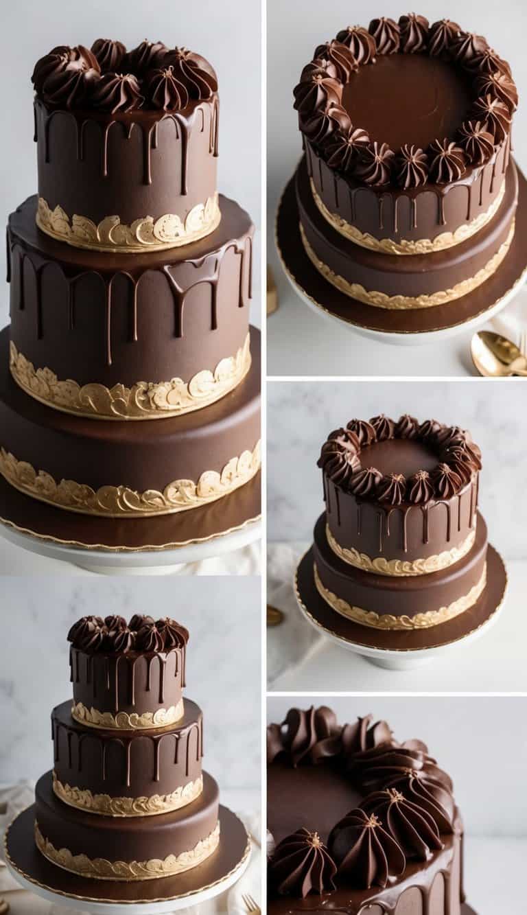 A decadent chocolate cake adorned with piped rosette details and rich ganache