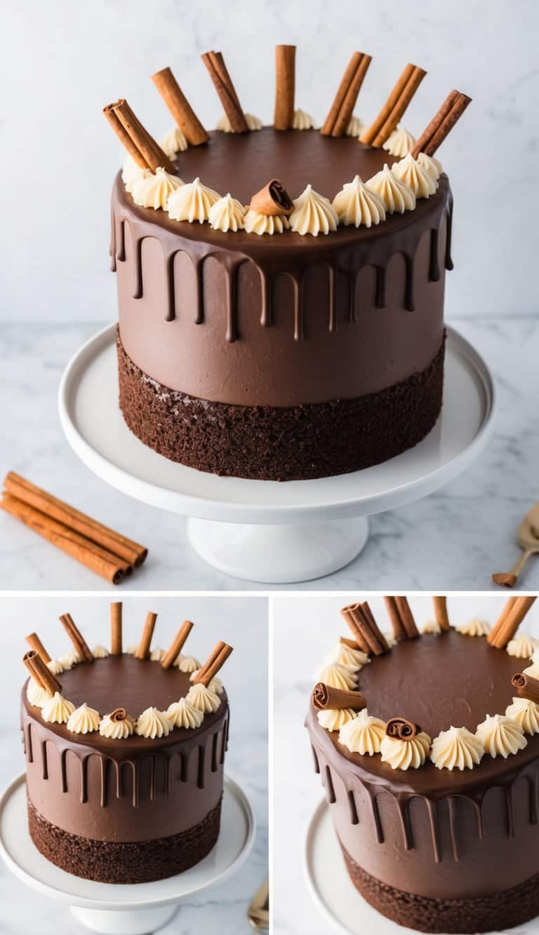 A rich chocolate cake adorned with ganache and topped with cinnamon stick accents