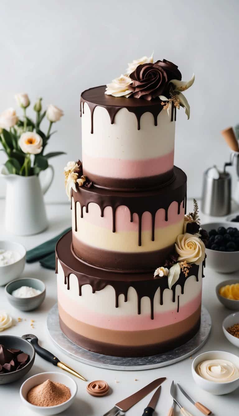 A decadent chocolate cake adorned with a color gradient fondant and ganache, surrounded by various cake decorating tools and ingredients