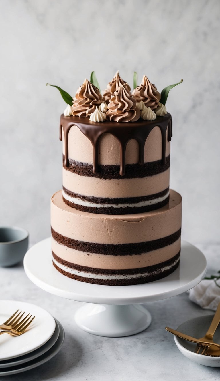 A decadent chocolate cake with layered cappuccino frosting, topped with ganache and decorative elements