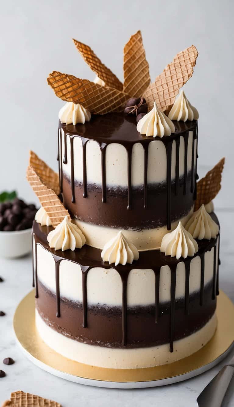 A decadent chocolate cake adorned with crisp wafer embellishments and rich ganache drizzles