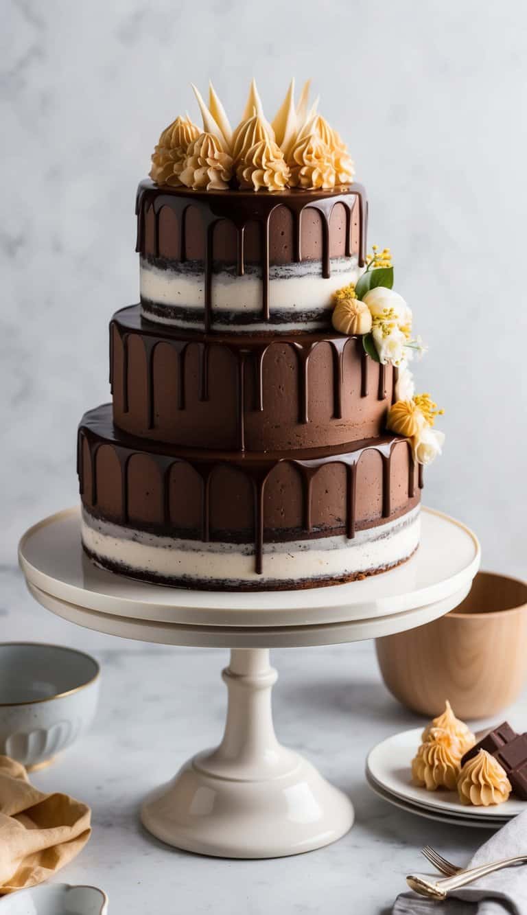 A rich chocolate cake adorned with ganache and amaretto-soaked sponge