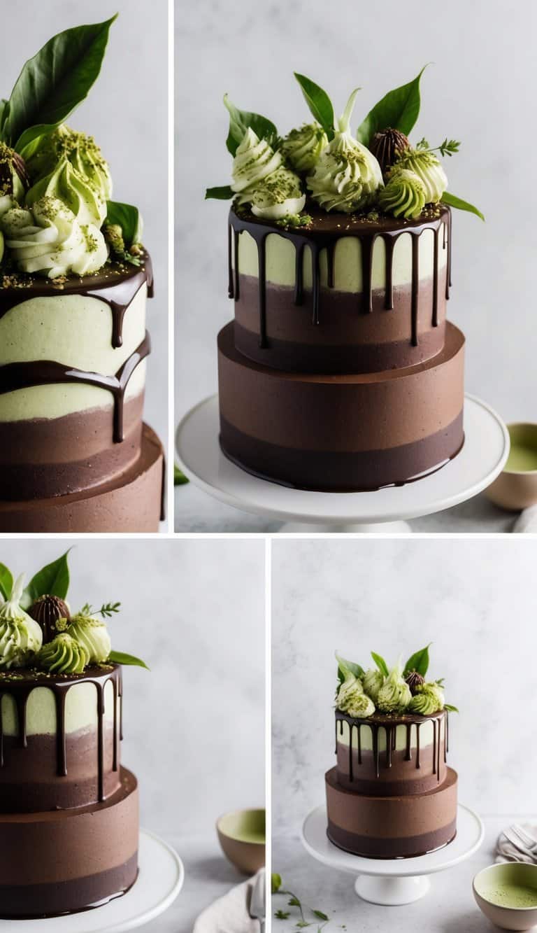 A decadent chocolate cake adorned with matcha-infused accents and rich ganache drizzle
