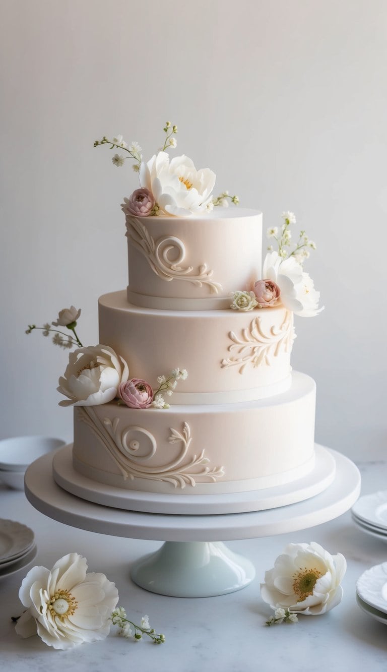 An elegant fondant cake with sculpted details sits on a white pedestal, surrounded by delicate sugar flowers and intricate piping designs