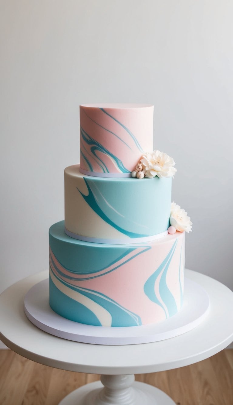 A fondant cake sits on a pristine white table, its surface swirled with elegant marbled patterns in shades of pastel pink, blue, and white