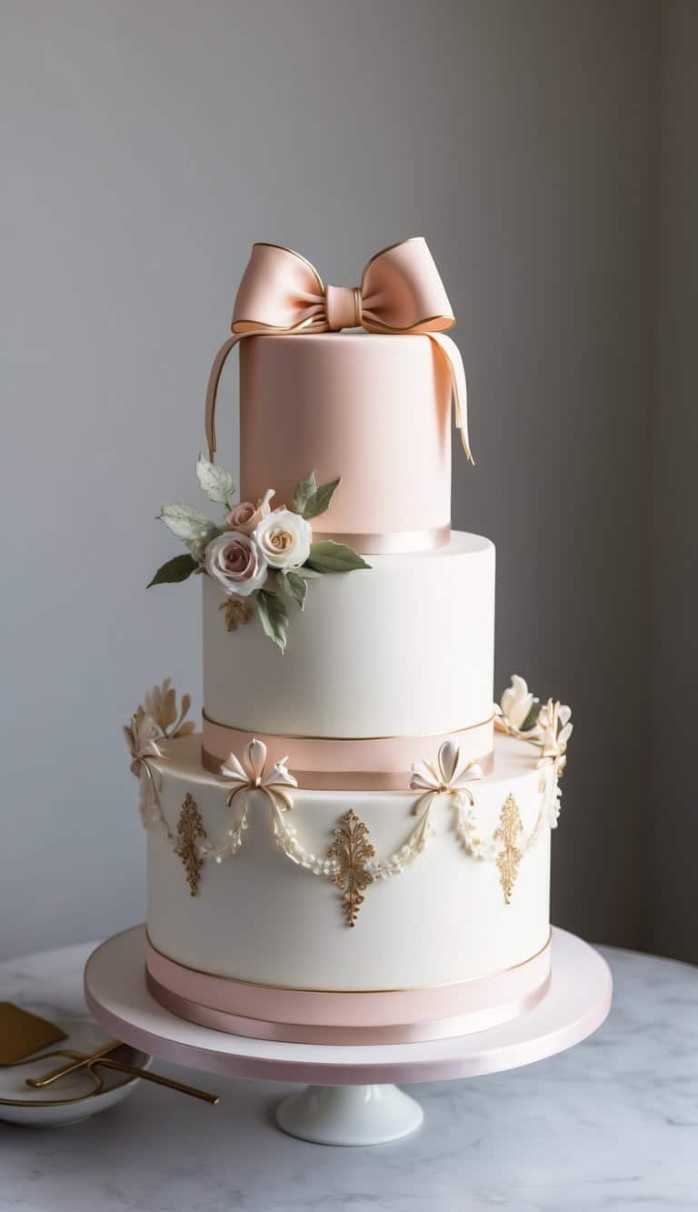 An elegant fondant cake adorned with intricate bow toppers