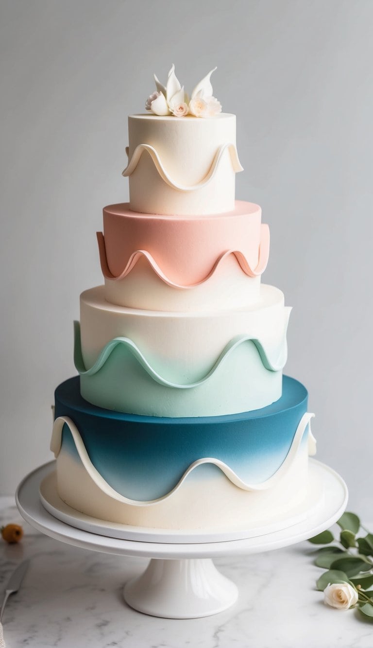 Elegant ombre fondant layers on a tiered cake with sculpted details