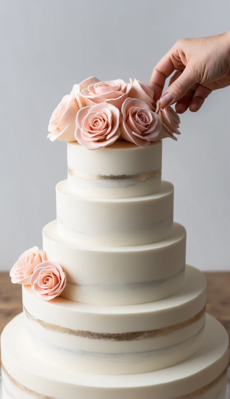 A skilled hand sculpts delicate fondant roses atop an elegant cake