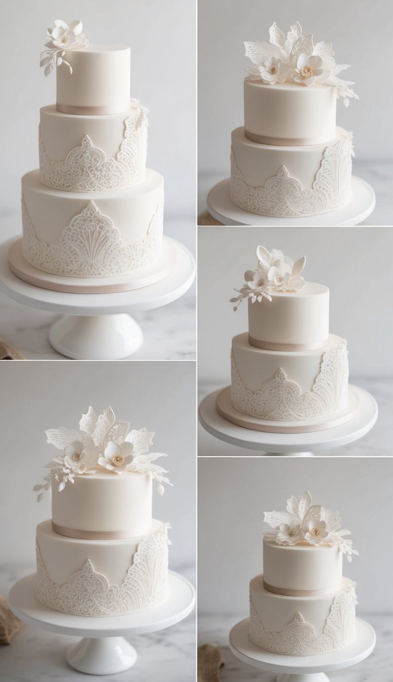 A fondant cake adorned with intricate lace details, showcasing elegant and smooth sculpted decorations
